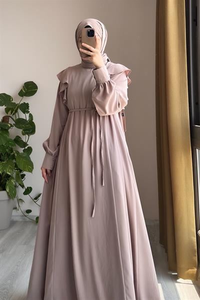 Omuzu Fırfırlı Elbise - Bej