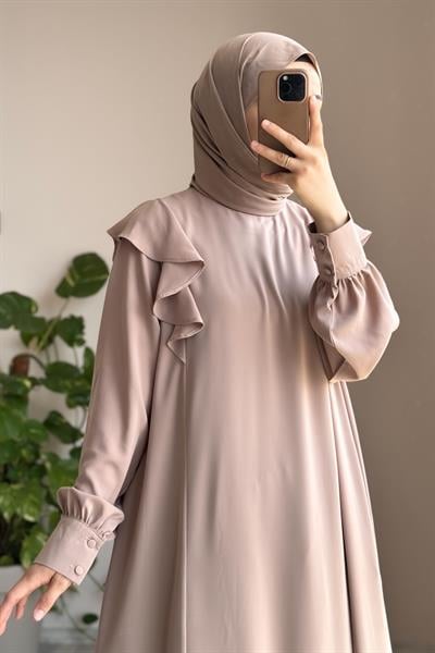 Omuzu Fırfırlı Elbise - Bej