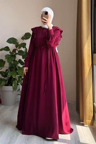 Omuzu Fırfırlı Elbise - Bordo