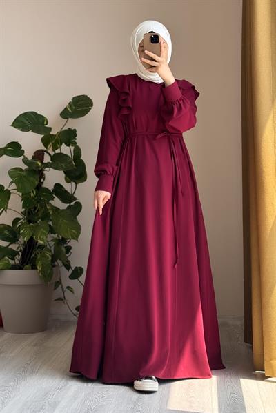 Omuzu Fırfırlı Elbise - Bordo