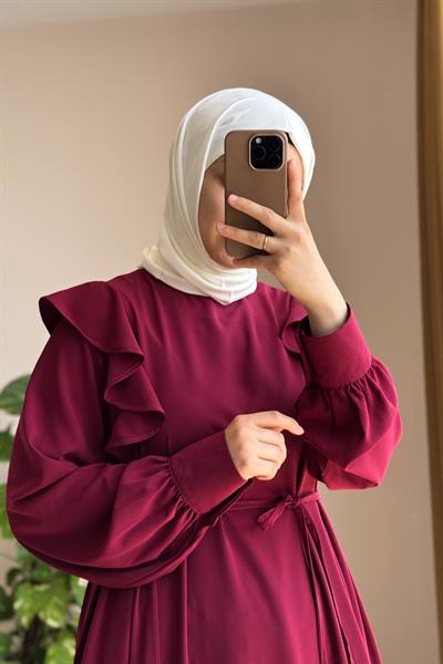 Omuzu Fırfırlı Elbise - Bordo