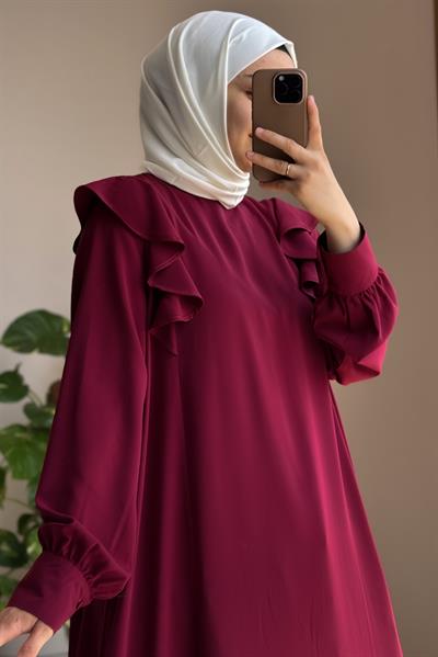 Omuzu Fırfırlı Elbise - Bordo