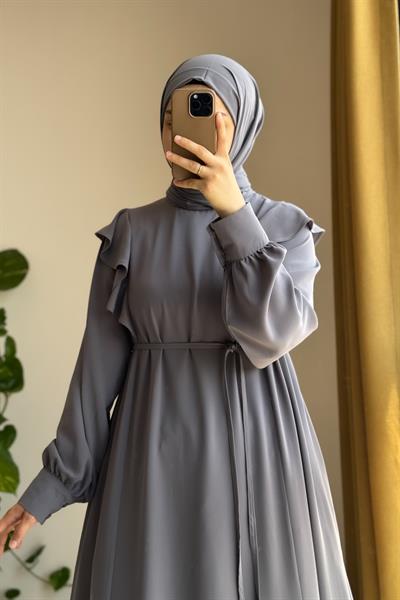 Omuzu Fırfırlı Elbise - Gri