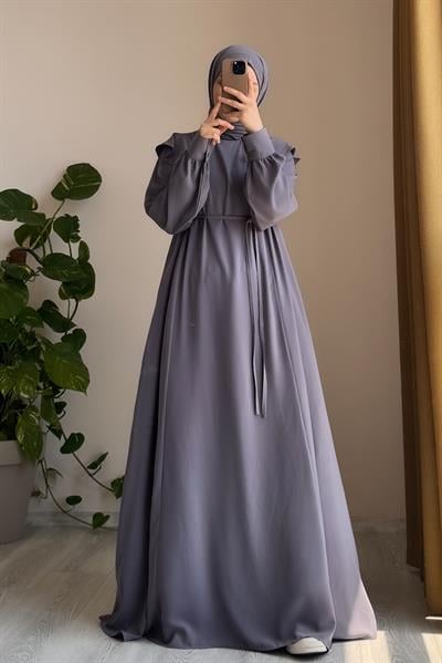 Omuzu Fırfırlı Elbise - Gri