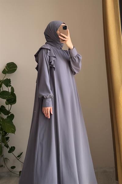 Omuzu Fırfırlı Elbise - Gri