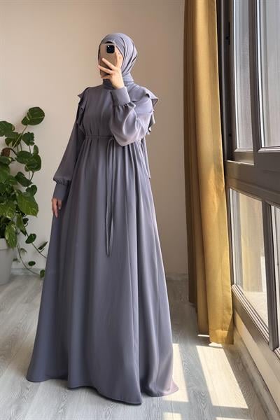 Omuzu Fırfırlı Elbise - Gri