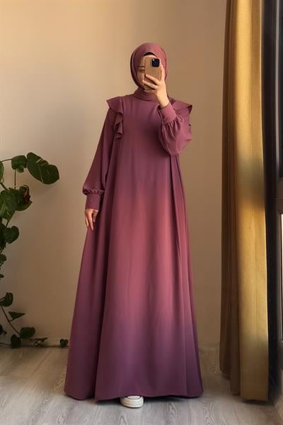 Omuzu Fırfırlı Elbise - Gül kurusu