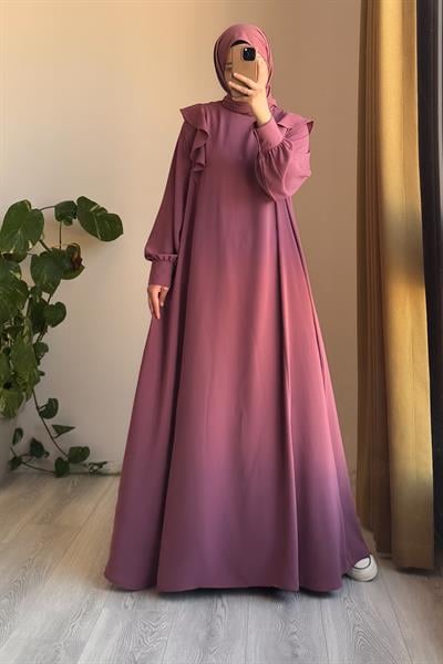 Omuzu Fırfırlı Elbise - Gül kurusu