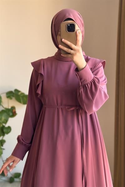 Omuzu Fırfırlı Elbise - Gül kurusu