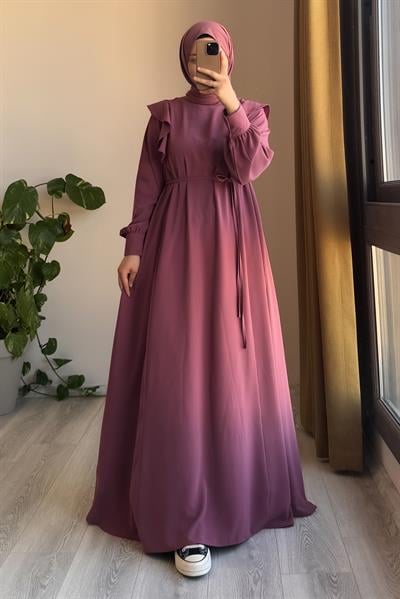 Omuzu Fırfırlı Elbise - Gül kurusu