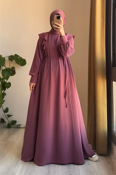 Omuzu Fırfırlı Elbise - Gül kurusu