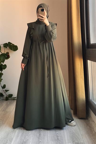 Omuzu Fırfırlı Elbise - Haki yeşil
