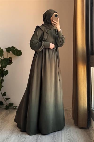 Omuzu Fırfırlı Elbise - Haki yeşil