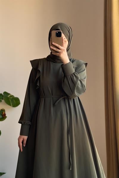 Omuzu Fırfırlı Elbise - Haki yeşil