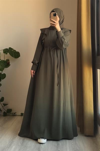 Omuzu Fırfırlı Elbise - Haki yeşil