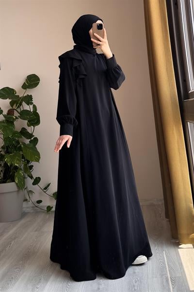 Omuzu Fırfırlı Elbise - Siyah