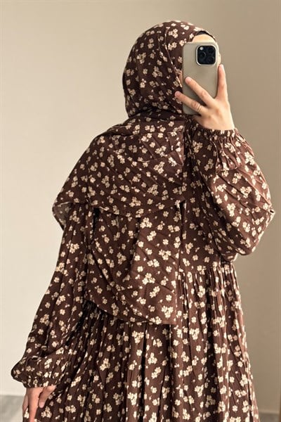 Ande Tesettür, Pamuklu Namazlık Elbise, Pamuklu Namazlık Elbise - Kahve Çiçek