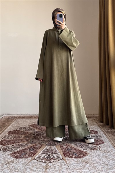 Pat Detaylı Keten Takım - Haki yeşil