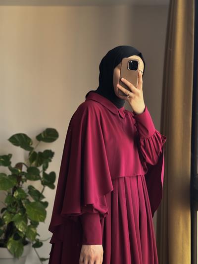 Pelerinli Elbise - Bordo