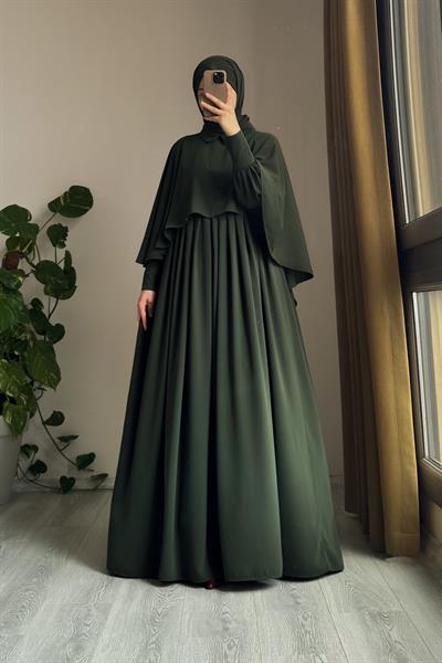 Pelerinli Elbise - Zümrüt yeşil