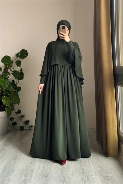 Pelerinli Elbise - Zümrüt yeşil