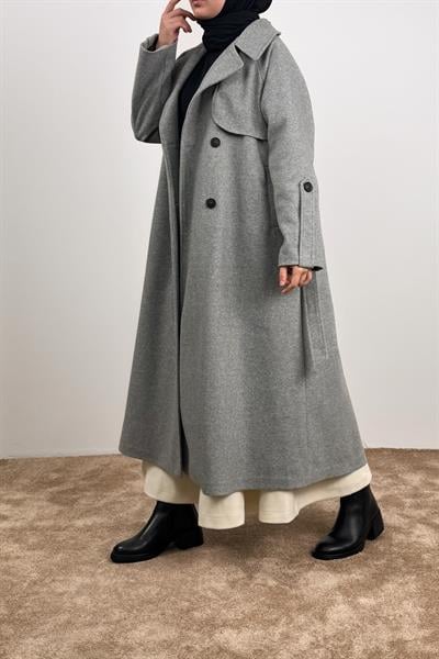 Rüzgarlıklı Kruvaze Kaban - Gri