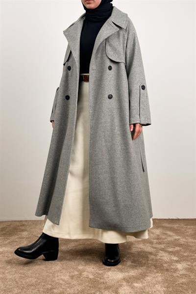 Rüzgarlıklı Kruvaze Kaban - Gri