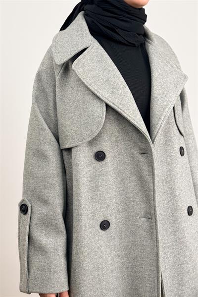 Rüzgarlıklı Kruvaze Kaban - Gri