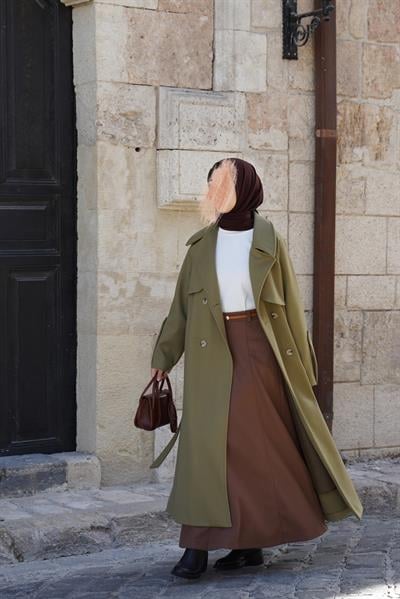 Rüzgarlıklı Kruvaze Kaban - Ihlamur