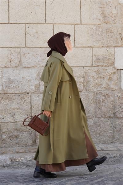 Rüzgarlıklı Kruvaze Kaban - Ihlamur