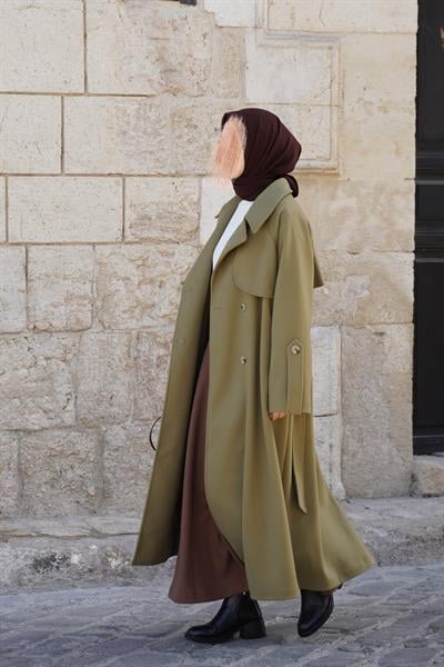 Rüzgarlıklı Kruvaze Kaban - Ihlamur