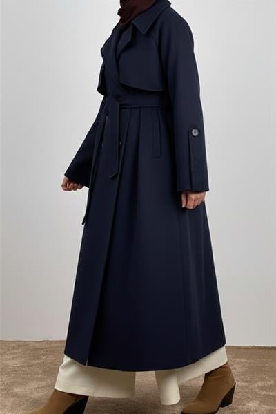 Rüzgarlıklı Kruvaze Kaban - Lacivert