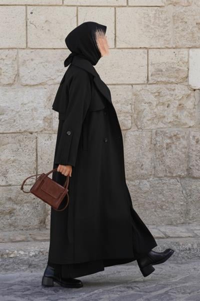 Rüzgarlıklı Kruvaze Kaban - Siyah