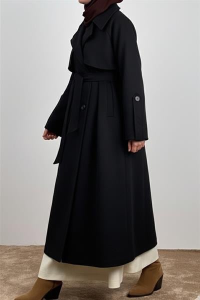 Rüzgarlıklı Kruvaze Kaban - Siyah