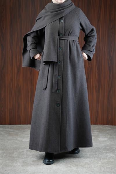 Şal Detaylı Kışlık Ferace - Acı kahve