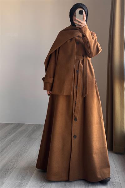 Şal Detaylı Kışlık Ferace - Taba