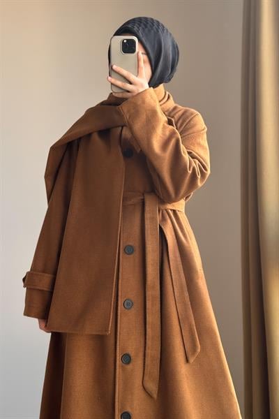 Şal Detaylı Kışlık Ferace - Taba