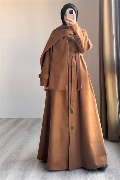 Şal Detaylı Kışlık Ferace - Taba