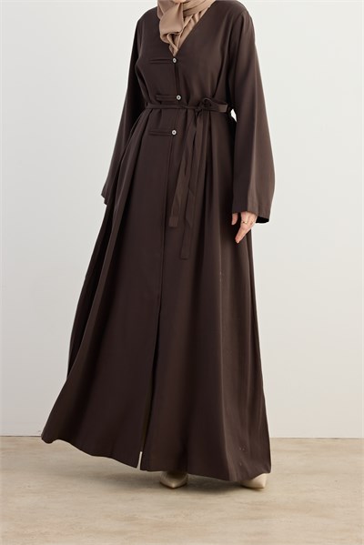 Sedef Düğmeli Tensel Abaya - Acı kahve