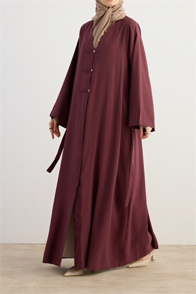 Sedef Düğmeli Tensel Abaya - Bordo