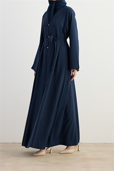 Sedef Düğmeli Tensel Abaya - Lacivert