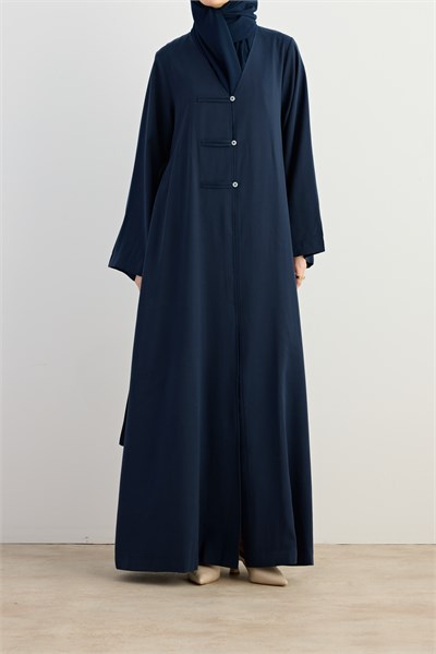 Sedef Düğmeli Tensel Abaya - Lacivert
