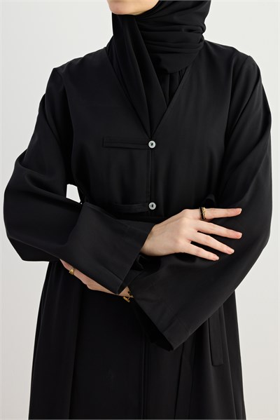 Sedef Düğmeli Tensel Abaya - Siyah