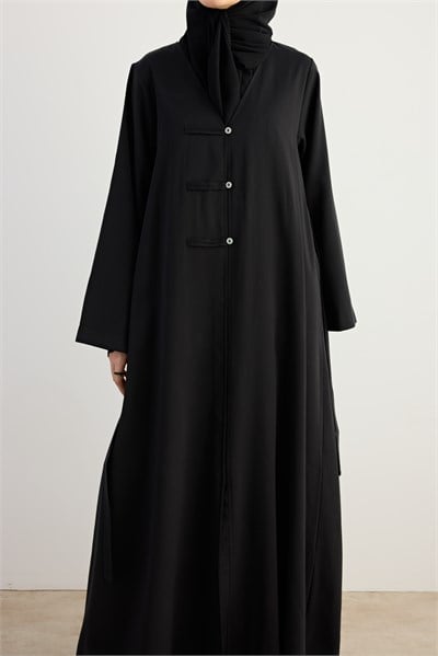 Sedef Düğmeli Tensel Abaya - Siyah