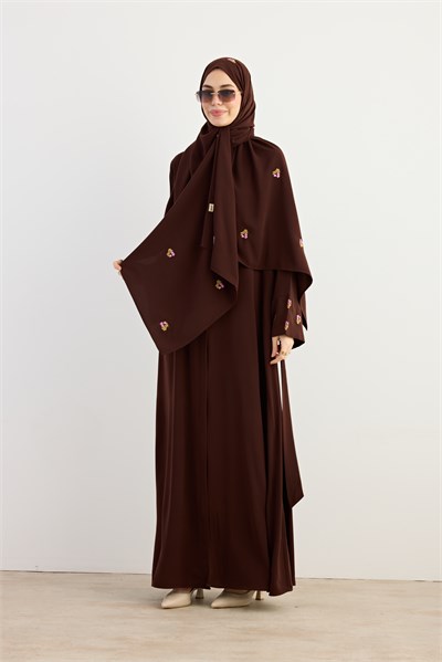 Serpme Çiçek Nakışlı Abaya - Acı kahve