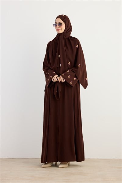 Serpme Çiçek Nakışlı Abaya - Acı kahve
