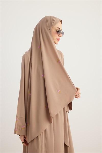 Serpme Çiçek Nakışlı Abaya - Bej