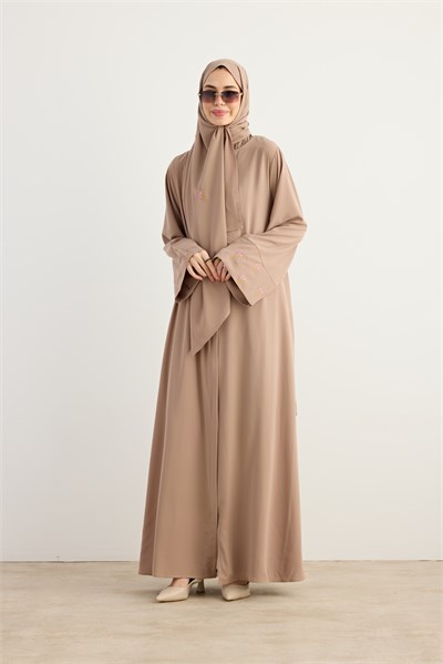 Serpme Çiçek Nakışlı Abaya - Bej