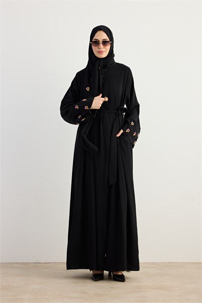 Serpme Çiçek Nakışlı Abaya - Siyah