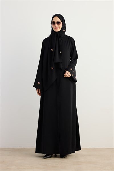 Serpme Çiçek Nakışlı Abaya - Siyah